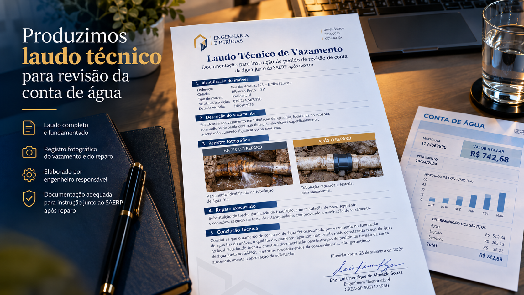 Modelo de laudo técnico de vazamento com identificação do imóvel, descrição do vazamento, registro fotográfico antes e depois do reparo, conclusão e assinatura do engenheiro responsável