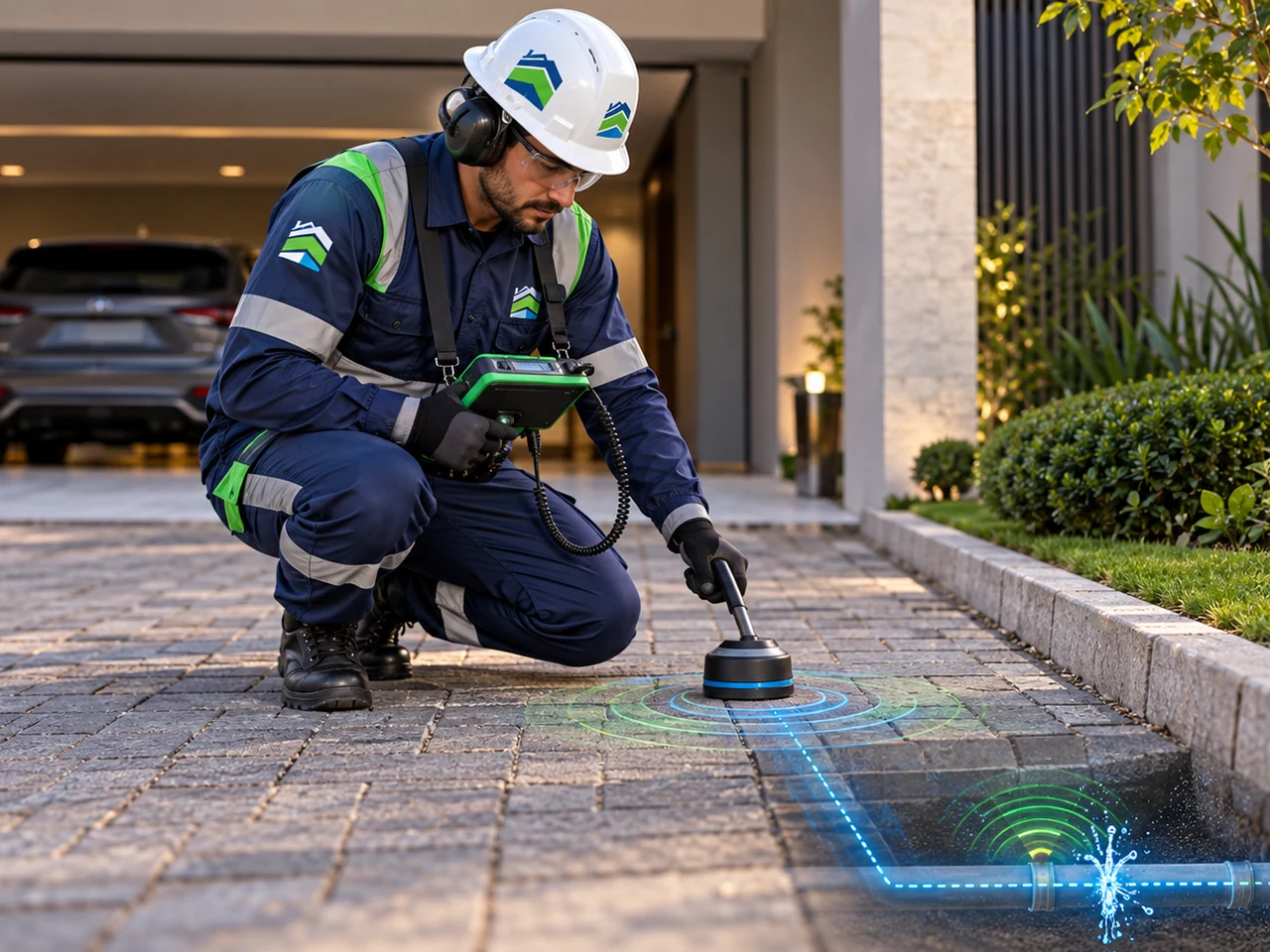Técnico investiga vazamento sob o piso com equipamento de detecção
